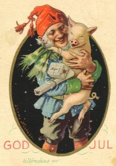 an old fashioned christmas card with a pig holding a child