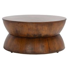 a round wooden table with two legs and a circular top on one end, sitting in front of a white background