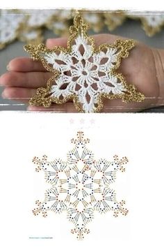 a snowflake is being held in someone's hand with gold and white crochet