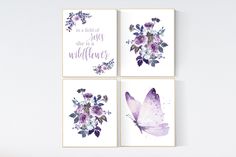 three watercolor paintings with purple flowers and butterflies on them, each one has a quote