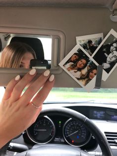 Car decorations, polaroids Polaroid Car Decor, Cute Car Things Ideas, Preppy Car Aesthetic, Aesthetic First Car, Polaroid In Car, Asthetic Car Interior, Car Accessories Cute, Car Inspo Interior Preppy, Summer Car Accessories