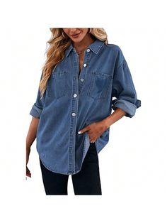 Fashionable and comfortable, the perfect choice for your wardrobePiePieBuy Women's Casual Button Down Denim Shirt Long Sleeve Boyfriend Oversized Jean Jacket With Pockets Jean-Blue Casual  Long Sleeve  Plain Shacket   Women Clothing, size features are:Bust: ,Length: ,Sleeve Length: Oversized Trendy Button-up Denim Jacket, Trendy Oversized Button-up Denim Jacket, Trendy Washed Shacket, Casual Denim Top With Button Closure For Fall, Trendy Oversized Denim Jacket With Button Closure, Oversized Dark Wash Denim Top, Trendy Long Sleeve Denim Blue Top, Relaxed Fit Long Sleeve Denim Jacket With Buttons, Oversized Medium Wash Shacket With Button Closure