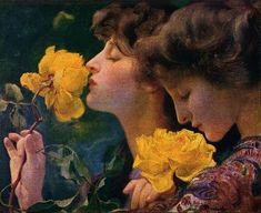 two women smelling yellow flowers with their faces close to one's face and the other behind them