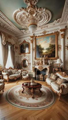 an ornate living room with couches, chairs and a painting hanging on the wall