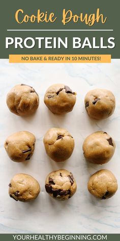 chocolate chip cookie dough protein balls on a marble counter top with text overlay that reads, cookies dough protein balls no bake & ready in 30 minutes