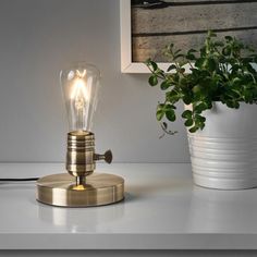 a light that is sitting on top of a table next to a potted plant