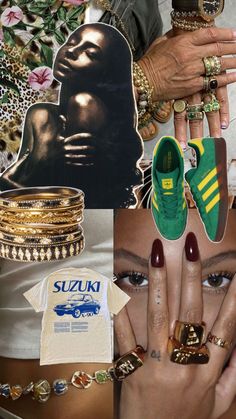 the collage shows different types of jewelry and rings, including an image of a woman's face