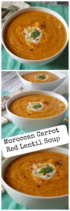 three different pictures of carrot soup in white bowls with green garnish on top