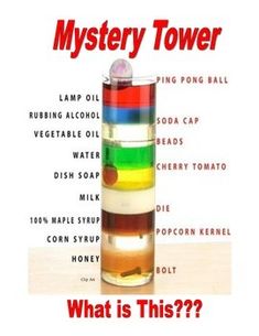 a tall glass filled with different colored liquids and the words mystery tower in front of it