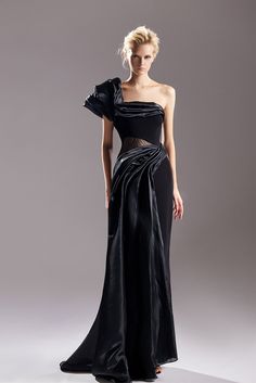 Asymmetric neckline one shoulder pleated gown - HerTrove Mr Design, One Shoulder Drape Dress, Long Dress Sleeveless, Black One Shoulder Dress, Pleated Gown, Asymmetric Neckline, Draped Skirt, Draped Dress, Satin Dresses