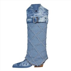 These Diamond Textured Blue Denim Knee High Cowboy Boots are crafted from high-quality materials and feature diamond-textured stitching to keep them looking stylish. Their knee-high length ensures extra comfort and support, while the cowboy-style design adds a unique touch. Enjoy quality and style with these long-lasting boots. Rubber sole Shaft measures approximately 9.84 inches from arch Heel measures approximately 2.75 inches" Heel Height:7cm/2.75 inch.Boots Shaft Height:25cm/9.84 inch. The shiny tassels on the surface of the boots add some sparkle and glamour, making them perfect for parties or nights out.The shoes are the perfect combination of fashion and comfort. Denim Cowgirl Boots, High Cowboy Boots, Block Heel Knee High Boots, Denim Cowgirl, Knee High Cowboy Boots, Heel Knee High Boots, Ankle Dress, Winter Knit Hats, Cowboy Style