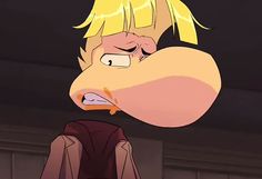 a cartoon character with blonde hair and an angry look on his face as he stares into the distance