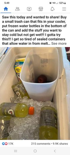 an open refrigerator filled with lots of ice and water bottles next to a white bowl