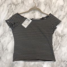 Slightly Cropped Off The Shoulder Black With White Stripes Nwt Fitted Black T-shirt For Day Out, Fitted Striped Top For Day Out, Tops Brandy Melville, Brandy Melville Tops, Off The Shoulder Top, Brandy Melville, Brandy, White Stripe, Shoulder Top