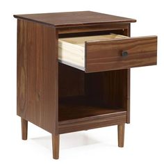 a wooden night stand with two drawers on one side and an open drawer on the other