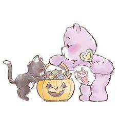 a drawing of a cat and a teddy bear with a pumpkin basket filled with candy