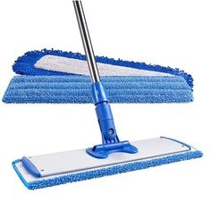 a blue mop and two cleaning pads on a white background