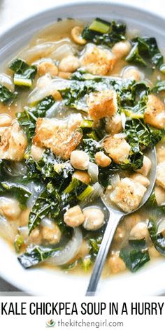 kale, chickpea soup in a hurry bowl with spoon on the side