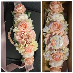 two pictures of flowers in a box with ribbon