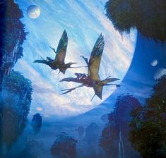 two dinosaurs flying through the air in front of a moon filled sky with mountains and trees