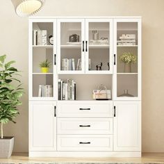 a white bookcase with glass doors and drawers in the middle of a room next to a potted plant