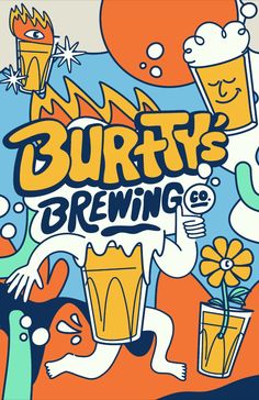 an advertisement for a beer company with cartoon characters and flowers in the foreground, which reads butty's brewing