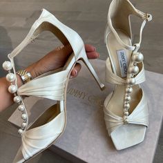 Never Worn! With Box Beautiful White Satin Sandals With Pearls And Diamonds Makes For The Perfect Bridal Shower Sandals With Pearls, Jimmy Choo Bridal, Satin Sandals, Jimmy Choo Shoes, White Satin, Cream White, Jimmy Choo, Shoes Women Heels, Aura