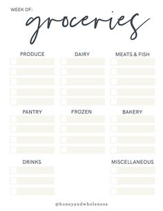 the grocery list for groceries is shown in black and white, with text overlaying it