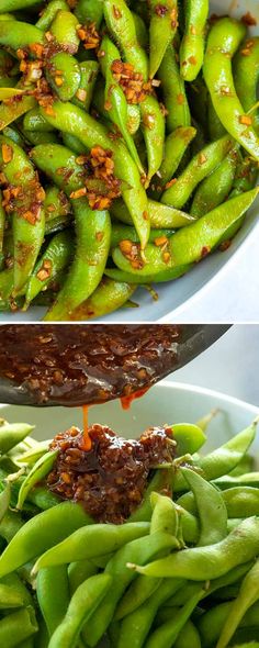 two bowls filled with green beans next to each other