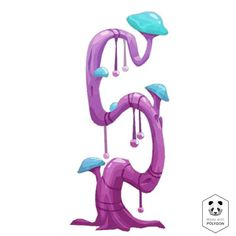 the letter e is made out of purple and blue plastic pipes with balls hanging from them