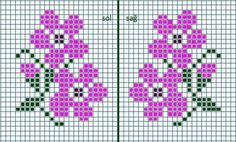 the cross stitch pattern is shown in pink and green, as well as two rows of squares