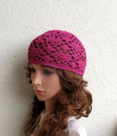 Women's Crochet Summer boho hat Girls summer hat Dark heather Red Fuchsia summer skull hat 100% soft cotton tams hat tight Womens Summer hat