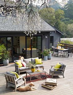 a dog laying on top of a wooden deck next to chairs and tables with yellow pillows