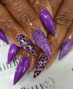 African Nails, Cheetah Nail Art, Character Nails, Purple Glitter Nails, Tips Nails, Sharp Nails