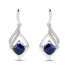 These gorgeous earrings for her feature cushion-cut blue lab-created sapphires set in classic sterling silver. Swirls of round-cut white lab-created sapphires shimmer above to finish the look. The earrings secure with friction backs. Blue Diamond Drop Earrings For Anniversary, Formal Lab-created Sapphire Jewelry In Diamond White, Sapphire Birthstone Earrings For Formal Occasions, Classic Jewelry With Diamond Accents And Lab-created Sapphire, Blue Sterling Silver Diamond Earrings For Anniversary, Blue Diamond Earrings For Anniversary In Sterling Silver, Elegant Sapphire Earrings With Diamond Cut, Blue Cubic Zirconia Earrings With Elegant Design, Elegant Diamond White Birthstone Earrings