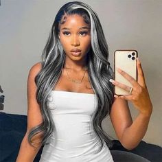 34 ways to rock silver hair on dark skin Straight Hair Highlights, Hair Color Blonde Highlights, Platinum Blonde Highlights, Human Hair Wigs Blonde, Black Hair With Highlights, Hair Cute, Hair Color Highlights, Body Wave Hair, Lace Hair