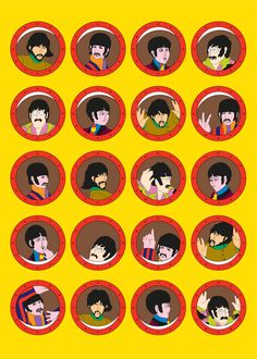 an image of the beatles poster with many different people in circles around them on a yellow background