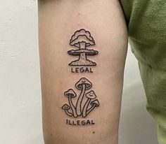 a person with a tattoo on their arm that says legal illegal and mushrooms in black ink