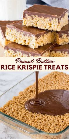 peanut butter rice krispie treats stacked on top of each other with chocolate frosting