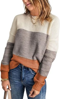 Haut quality:Made of soft and skin-friendly high quality knitted material, Striped sweater is very lightweight, soft and breathable,the Casual knit sweater for women to wear in cold morning, spring, fall or winter days. Fall Knit Sweater, Casual Pullover Sweater, Pull Gris, Colour Blocking, Cozy Pullover, Outfit Trends, Drop Shoulder Sweaters, Color Block Sweater, Cute Sweaters