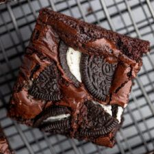 chocolate oreo cookie brownies on a cooling rack