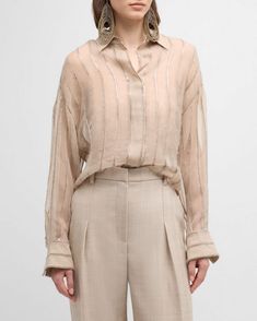 Brunello Cucinelli Crispy Silk Button-Front Blouse with Sequin Stripes | Neiman Marcus Striped Shirt Women, Cocktail Jacket, Elements Of Style, Blazer With Jeans, Brunello Cucinelli, Hip Length, Top Designers, Handbags On Sale, Womens Clothing Tops