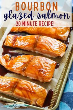 bourbon glazed salmon on a baking sheet with text overlay