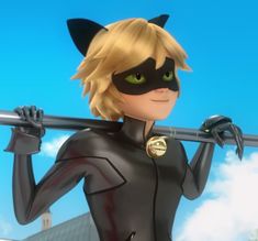 a cartoon character dressed as a catwoman holding a surfboard in front of a blue sky