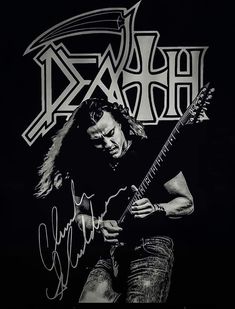 a man with long hair holding a guitar in front of a black and white background