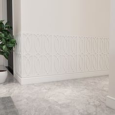 a potted plant sitting on top of a marble floor next to a white wall