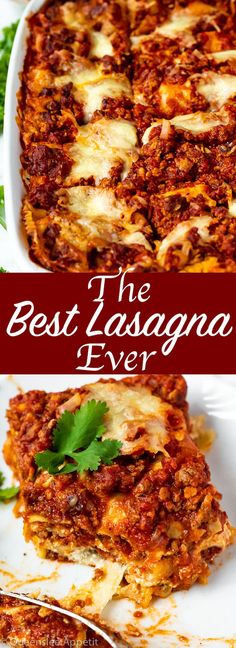 the best lasagna ever in a white casserole dish with parsley on top