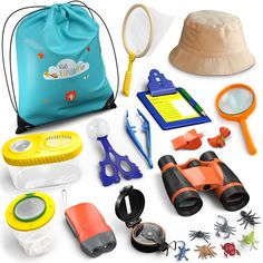 an assortment of children's toys including binoculars, magnifying glass and other items