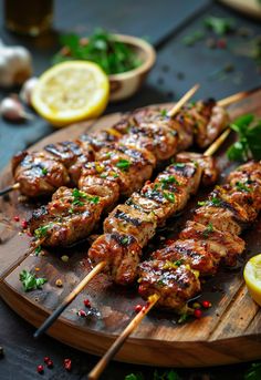 several skewers of meat with lemons and parsley