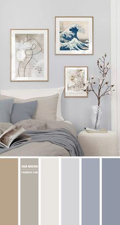 a bedroom with gray walls and pictures on the wall, along with grey bedding